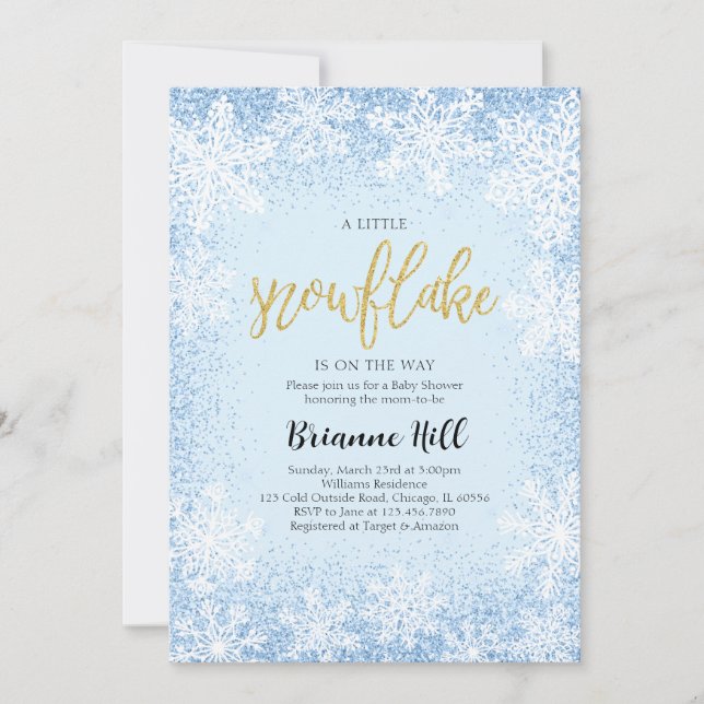 Blue A Little Snowflake Baby Dusche Einladung (Vorderseite)
