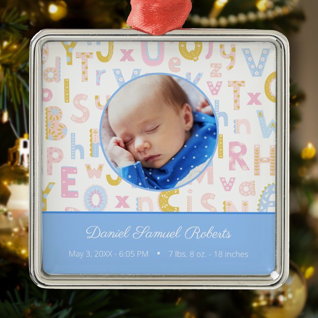 Blue ABC Birth Stat Baby Boys Foto Weihnachten Ornament Aus Metall (Von Creator hochgeladen)