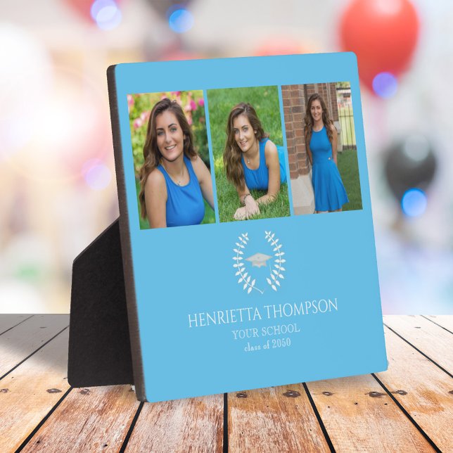 Blue Abschluss Foto Collage Custom Fotoplatte (Graduation party photo tabletop sign in Carolina blue)