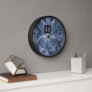 Blue Abstrakt Geblüht Monogram Clock Uhr