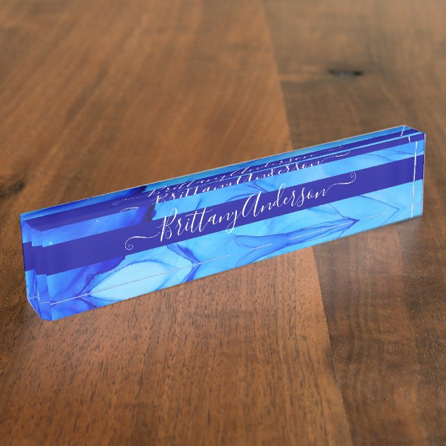 Blue Abstrakt Ink Blot Beautiful Custom Namensplakette (Seite)