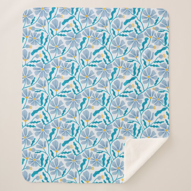 Blue Abstrakt Mitte Jahrhundert Moderne Blume Sherpadecke (Vorderseite)