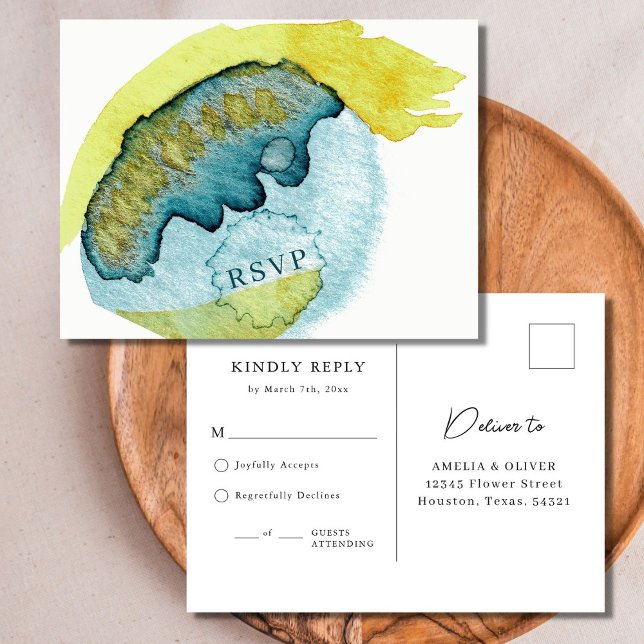 Blue Abstrakt Watercolor Art Einzigartige Hochzeit Postkarte (Front/Back)