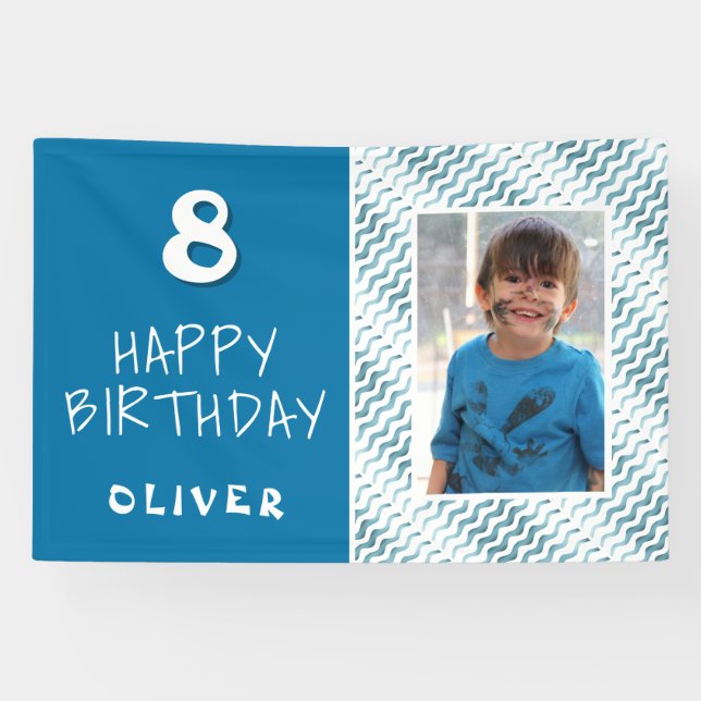 Blue Abstrakt Wave Boy Foto Happy Birthday Banner (Horizontal)