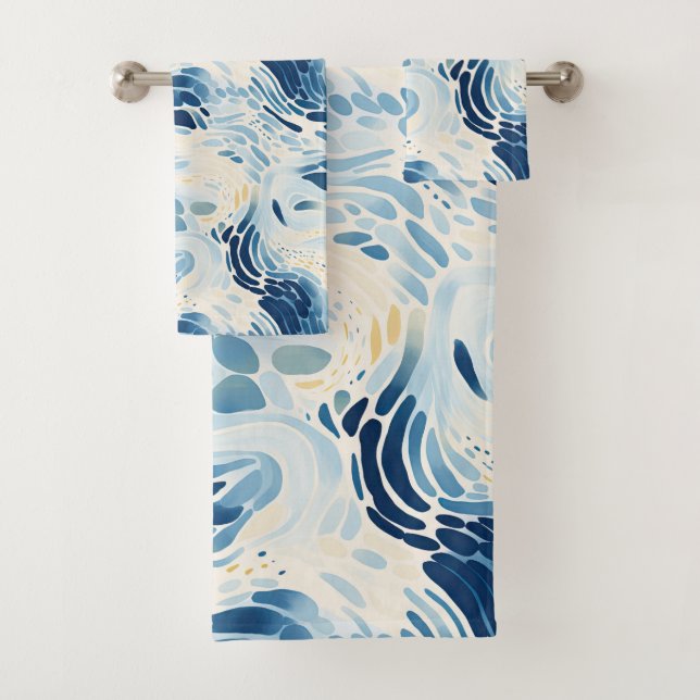 Blue Abstrakt Waves Beach Pattern Badhandtuch Set (Insitu)