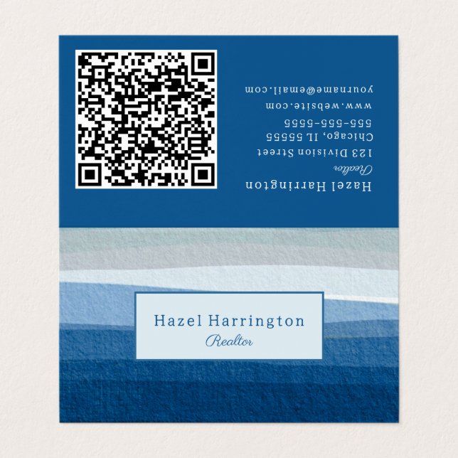 Blue Abstrakt Waves QR Code Falsche Visitenkarte Visitenkarten (Außenseite Aufgefaltet)