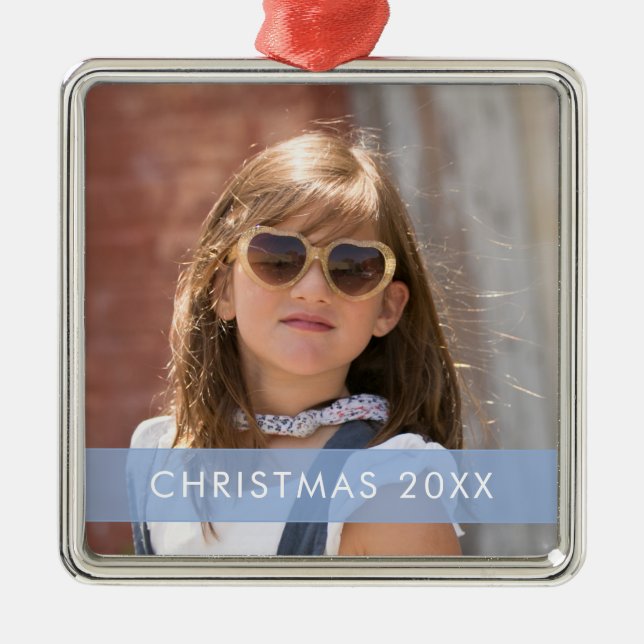 Blue Accent Ribbon Foto Template Weihnachtsmetall Ornament Aus Metall (Vorne)