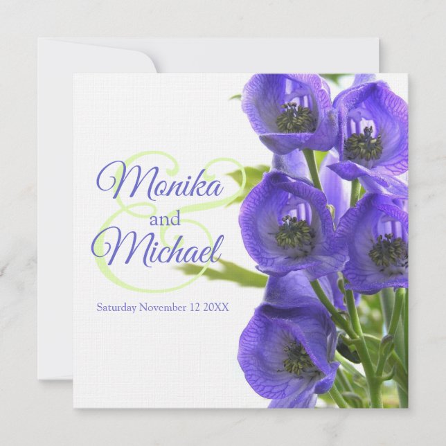 Blue Aconitum Blume Hochzeitsplatz Leinen Einladung (Vorderseite)
