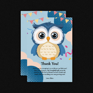 Blue Adorable Woodland Baby Owl Baby Dusche Dankeskarte