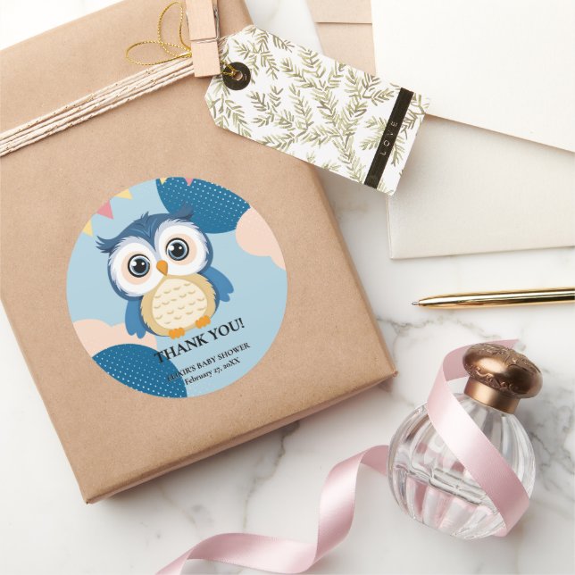 Blue Adorable Woodland Baby Owl Baby Dusche Runder Aufkleber (Schenken)