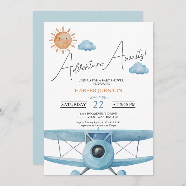 Blue Adventure erwartet Airplane Baby Shower Einladung (Vorne/Hinten)