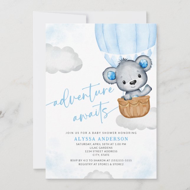 Blue Adventure erwartet Bear Balloon Baby Shower Einladung (Vorderseite)