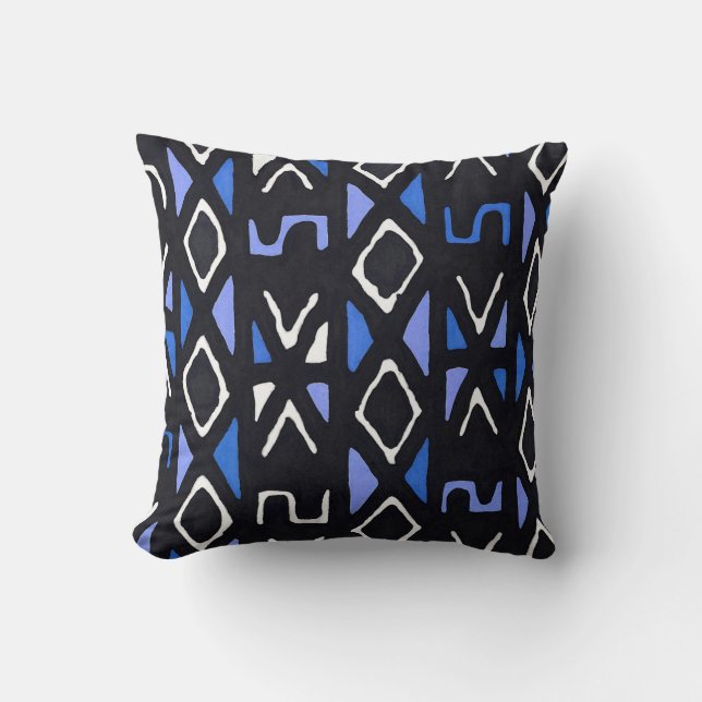 Blue African Mudcloth Tribal Print Kissen (Vorderseite)