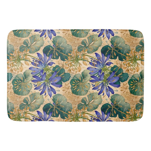 Blue Agapanthus on Tan Floral Bath Mat Badematte (Vorderseite)