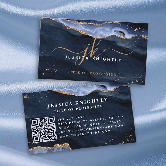 Blue Agate Geode Monogram Gold Script Visitenkarte (Von Creator hochgeladen)