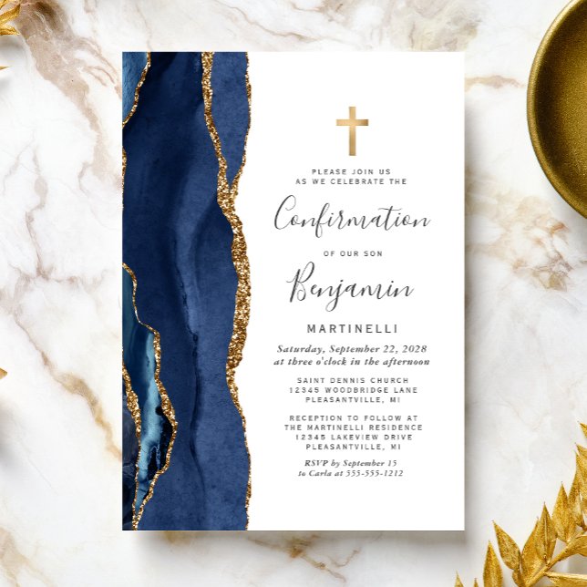 Blue Agate Gold Glitzer Bestätigung Einladung (Von Creator hochgeladen)