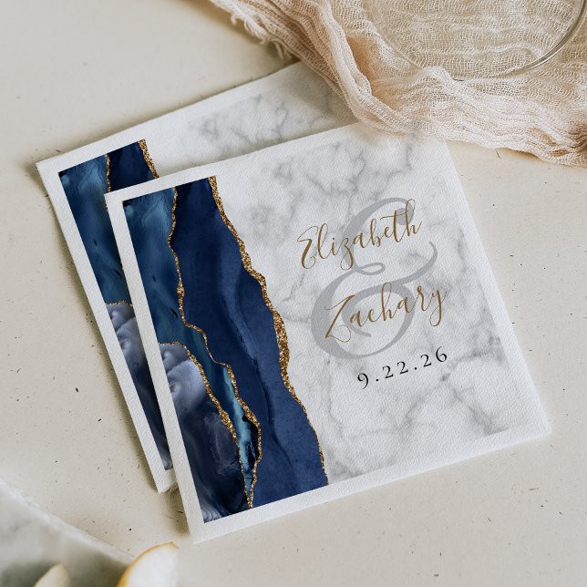 Blue Agate Marble Gold Script Hochzeit Serviette (Von Creator hochgeladen)