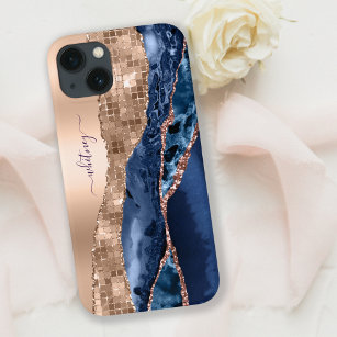 Blue Agate Marble & Rose Gold Glitzer Moderne Case-Mate iPhone Hülle