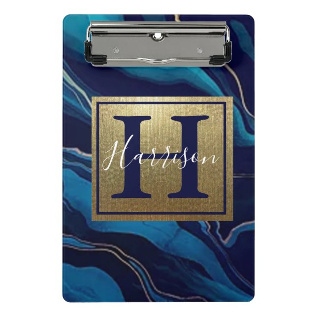 Blue Agate Marmor Gold Name und Monogram Cli Mini Klemmbrett (Vorderseite)