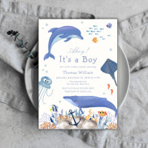 Blue Ahoy Ocean Dolphin Whale Boy Baby Dusche