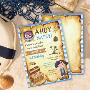 Blue Ahoy Treasure Map Boys Pirate Birthday Einladung