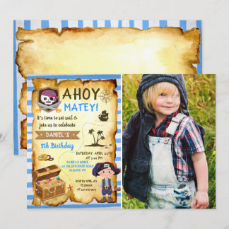 Blue Ahoy Treasure Map Boys Pirate Foto Geburtstag Einladung