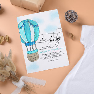 Blue Air Balloon Calligraphy Oh Baby Shower Einladung