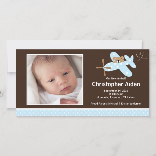 Blue Airplane Baby Boy Birth Annoucement Ankündigung (Vorderseite)