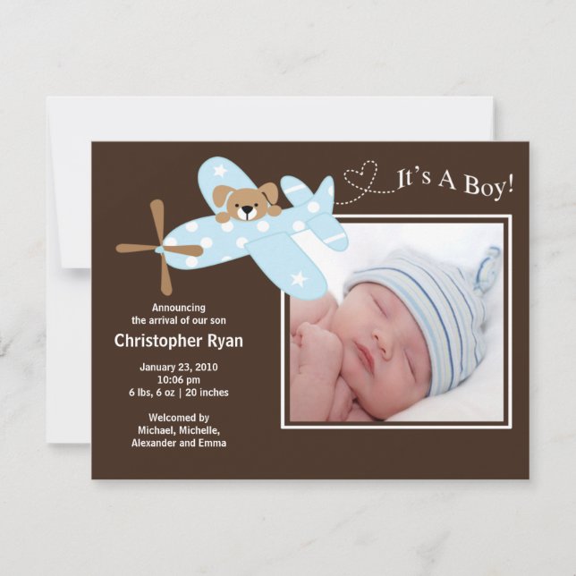 Blue Airplane Baby Boy Birth Annoucement Ankündigung (Vorderseite)