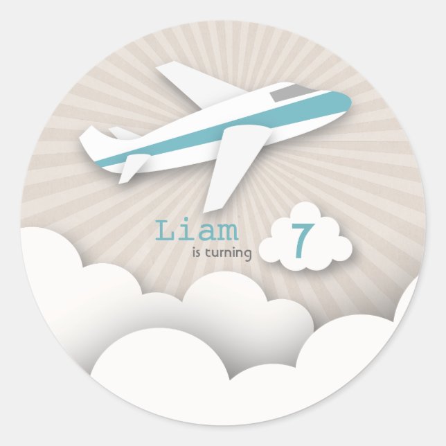 Blue Airplane Birthday Party Aufkleber (Vorderseite)