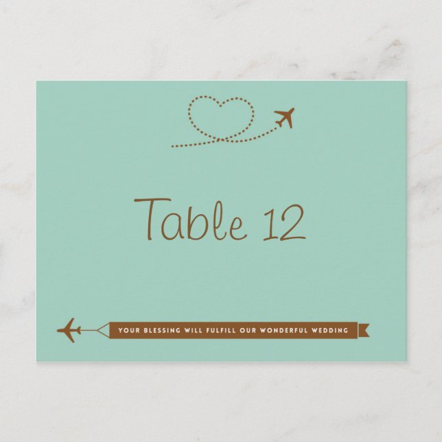 Blue Airplane Heart Wedding Tischnummer Card (Vorderseite)