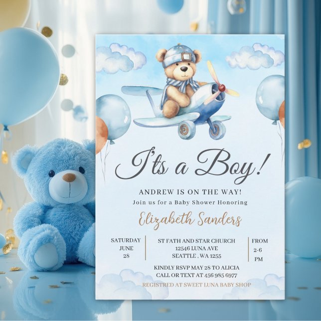 Blue Airplane Teddy Bear Baby Shower Invitation Einladung (Von Creator hochgeladen)