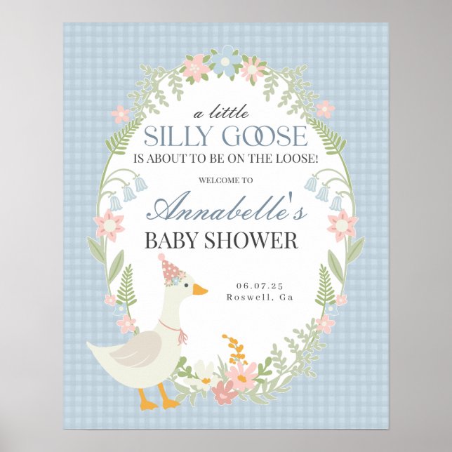 Blue Albern Gingham Gingham Baby Dusche Begrüßungs Poster (Vorne)