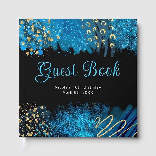 Blue Alcohol Ink Birthday Party Guest Book Gästebuch (Vorderseite)