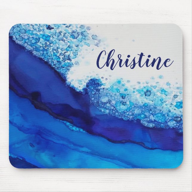 Blue Alcohol Ink Modern Einfache Elegante Name Mousepad (Vorne)