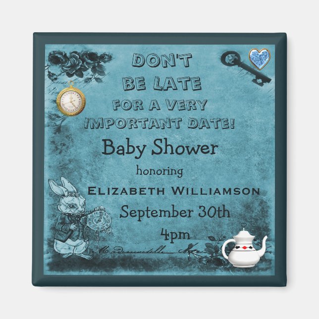 Blue Alice im Wunderland Save the Date Baby Dusche Magnet (Vorne)