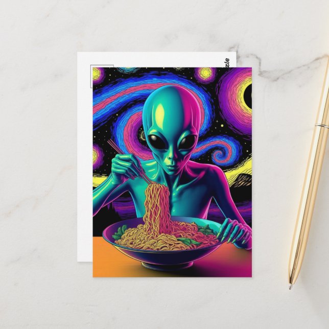 Blue Alien Eating Noodles  Postkarte (Vorderseite/Rückseite Beispiel)