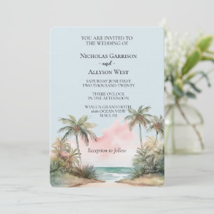 Blue Aloha Tropical Beach Palm Trees Wedding Einladung
