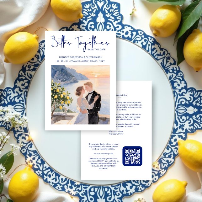 Blue Amalfi Coast Lemon Tree Chic Wedding Couple Save The Date (Blue Amalfi Coast Lemon Tree Chic Wedding Couple Save the Date Cards with Back QR Code. )