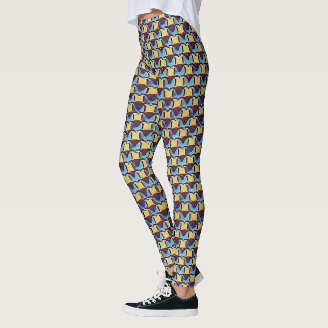 Blue & Amber Abstract Geometric Grid Pattern 1310 Leggings (Links)