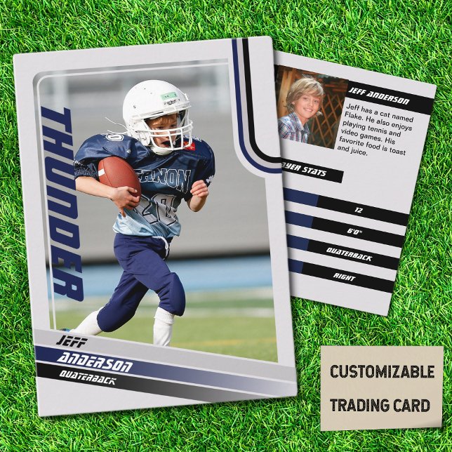 Blue American Football Trading Card for Kids Telefonnummerkarte (American Football Player Trading Card for Kids in Grey with Custom Team and Player Name Blue)