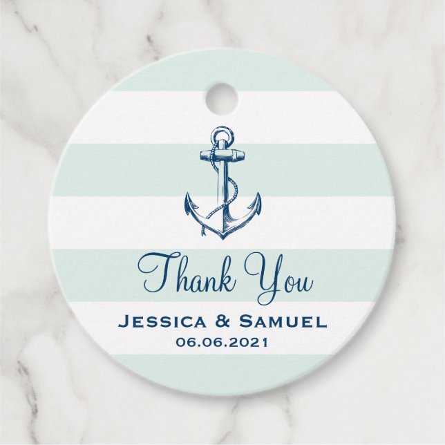 Blue Anchor & Mint Stripes Wedding Vielen Dank Geschenkanhänger (Vorderseite)