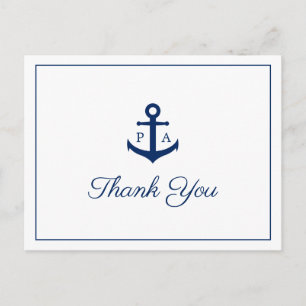 Blue Anchor Monogram Nautical Wedding Danke Postkarte