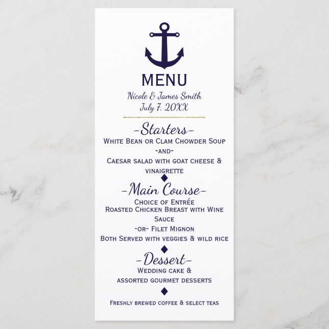 Blue Anchor Nautical Beach Wedding Menu Card Menükarte (Vorderseite)