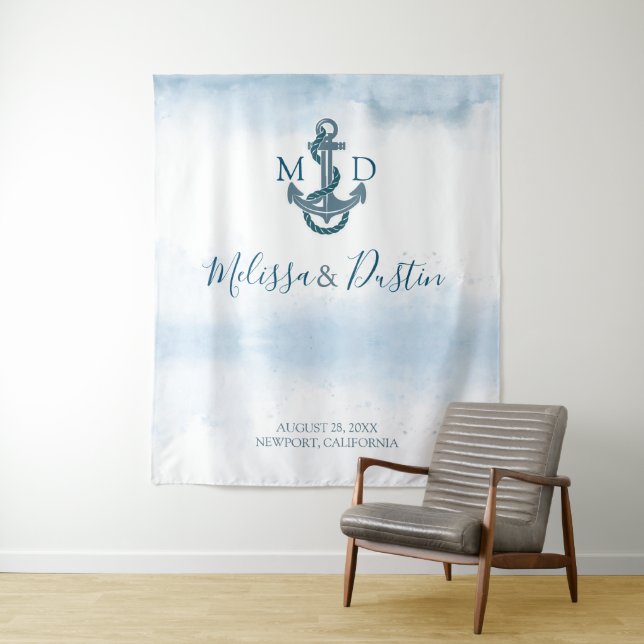 Blue Anchor Nautical Wedding Background Wandteppich (Beispiel)