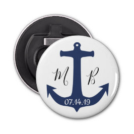 Blue Anchor Nautical Wedding Initials und Datum Flaschenöffner