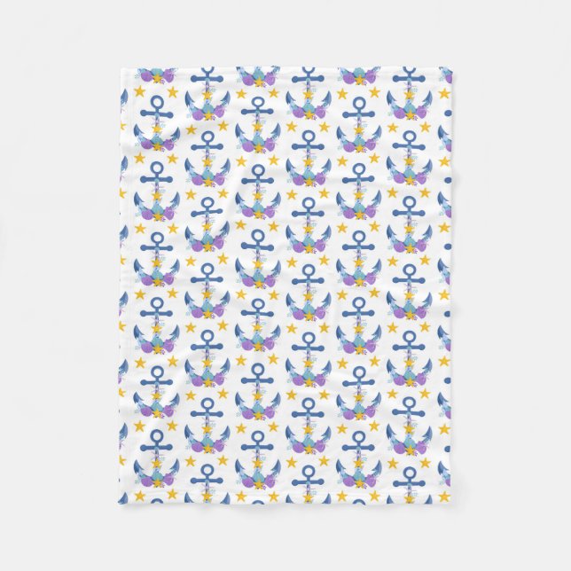 Blue Anchor Purple Seashells Yellow Starfish Fleecedecke (Vorderseite)