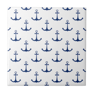 Blue Anchors on White Background Nautical Theme Fliese