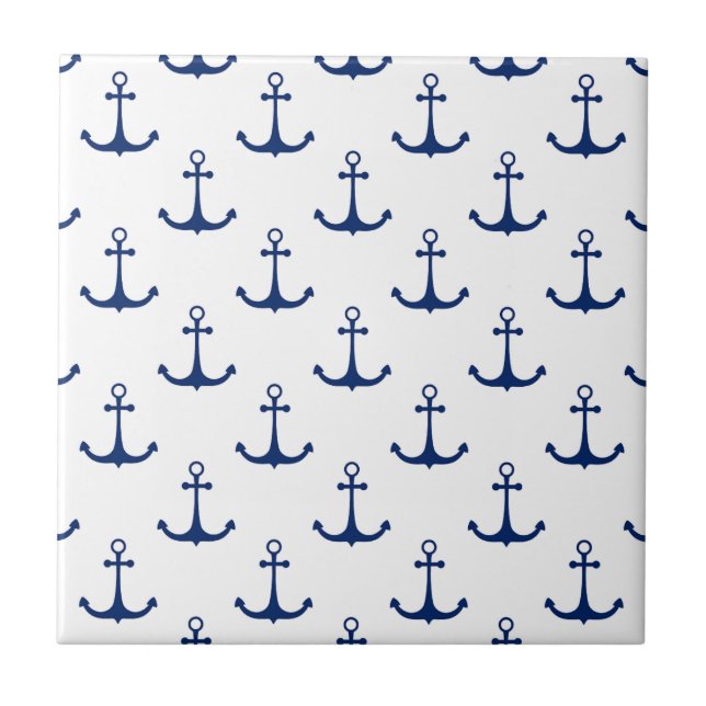 Blue Anchors on White Background Nautical Theme Fliese (Vorderseite)