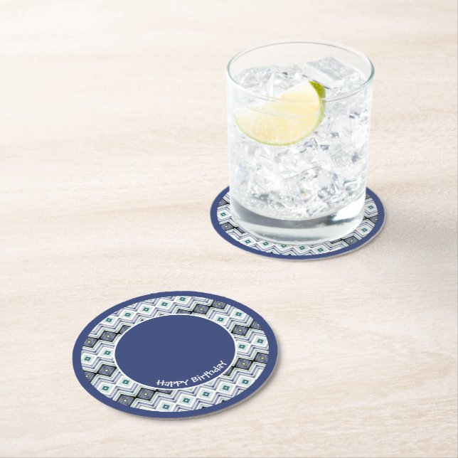 Blue and Aquamarin Happy Birthday Paper Untersetze Runder Pappuntersetzer (Vor Ort)